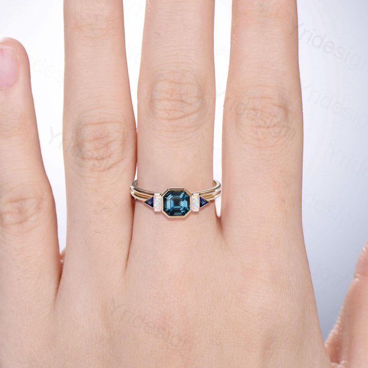 Unique Asscher cut Alexandrite Ring Unique split shank Color Change Engagement Ring Cluster Baguette Opal sapphire Wedding Ring gift for her - PENFINE