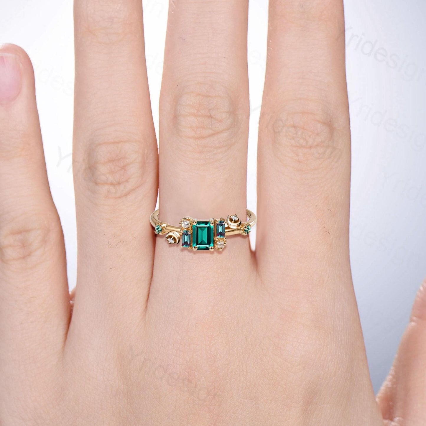 Unique Emerald Cut Emerald Engagement Ring Cluster Baguette Alexandrite Wedding Ring Vintage Moon May Birthstone Anniversary Ring for Women - PENFINE