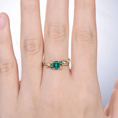 Unique Emerald Cut Emerald Engagement Ring Cluster Baguette Alexandrite Wedding Ring Vintage Moon May Birthstone Anniversary Ring for Women - PENFINE