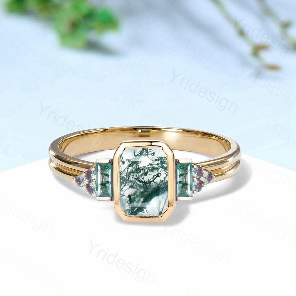 Unique Bezel Set Emerald Cut Green Moss Agate Engagement Ring Split Shank Cluster Alexandrite Wedding Ring Rose Gold Anniversary Gift Women - PENFINE