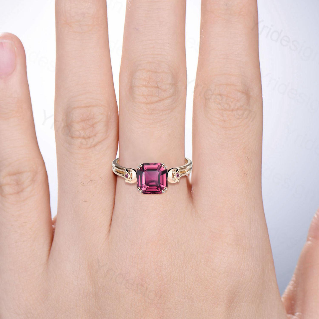 Unique Moon Star Asscher Pink Tourmaline Ring Vintage Split Shank Pink Stone Engagement Ring Art Deco Wedding Ring 8 Prongs Anniversary Gift - PENFINE