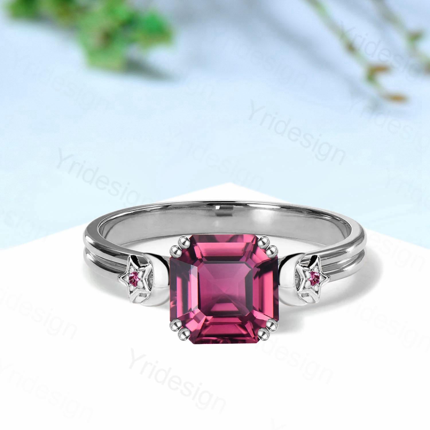 Unique Moon Star Asscher Pink Tourmaline Ring Vintage Split Shank Pink Stone Engagement Ring Art Deco Wedding Ring 8 Prongs Anniversary Gift - PENFINE