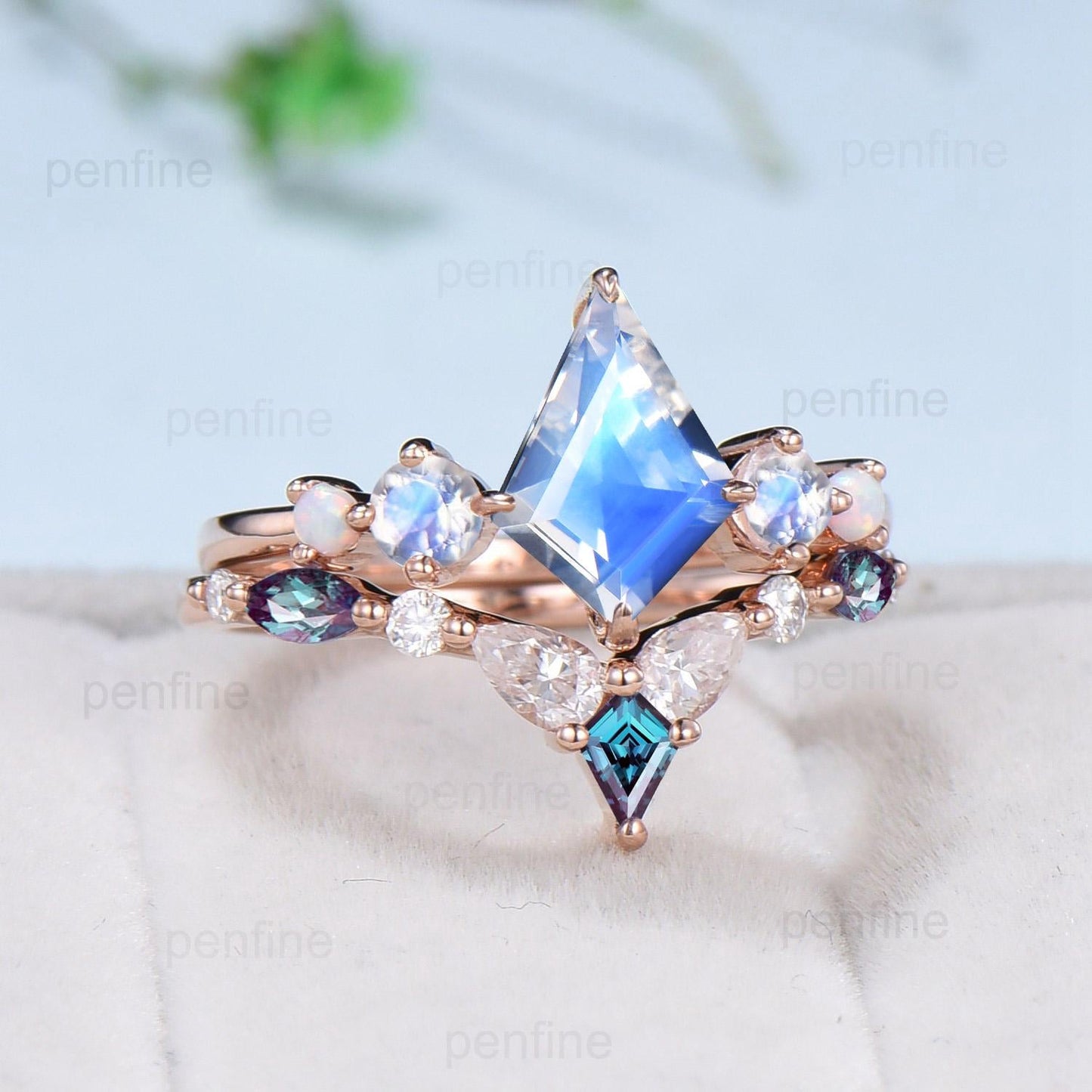 Vintage Kite Cut Moonstone Engagement Ring Unique Rainbow Blue Moonstone Opal Wedding Set Crown Art Deco Stacking Alexandrite Bridal Set hER - PENFINE