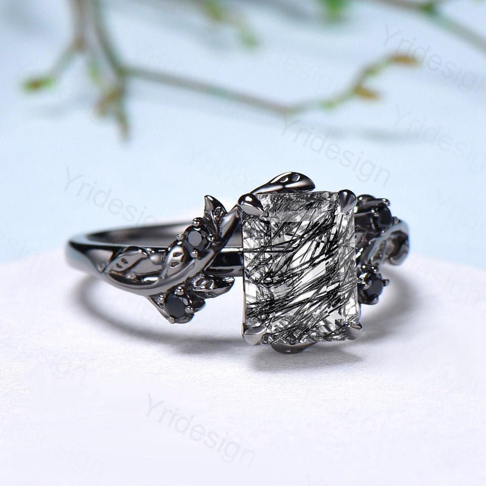 Nature Inspired black gold rutilated quartz engagement ring emerald cut twig vine elegant black rutilated ring cluster spinel promise gift - PENFINE