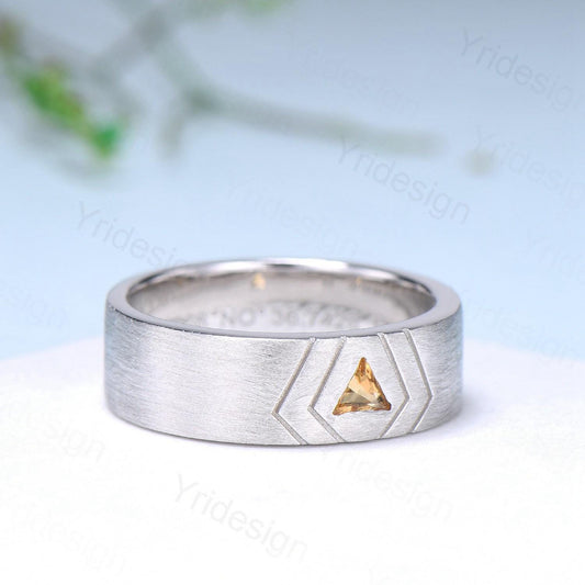 6mm Men's Ring Trillion Citrine Brushed Finished Band Solitaire Wedding Band Silver White Gold Unique Citrine Anniversary Band Gift For Men - PENFINE