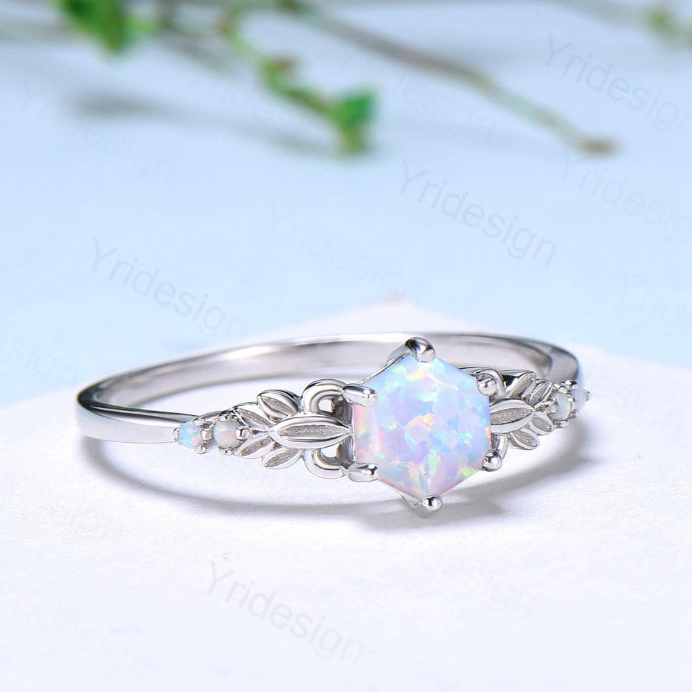 Dainty Fire Opal Ring Natural Inspired Hexagon Cut White Opal Leaf Engagement Ring White Gold Celtic Leaf Vine Bridal Anniversary Ring Women - PENFINE