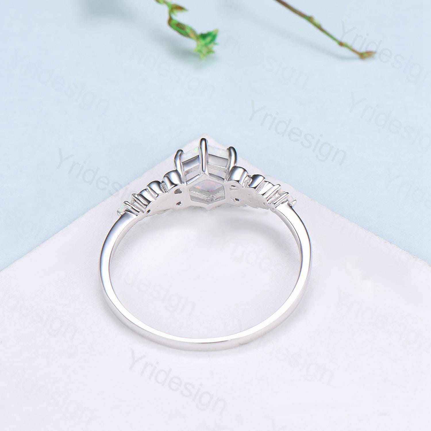 Dainty Fire Opal Ring Natural Inspired Hexagon Cut White Opal Leaf