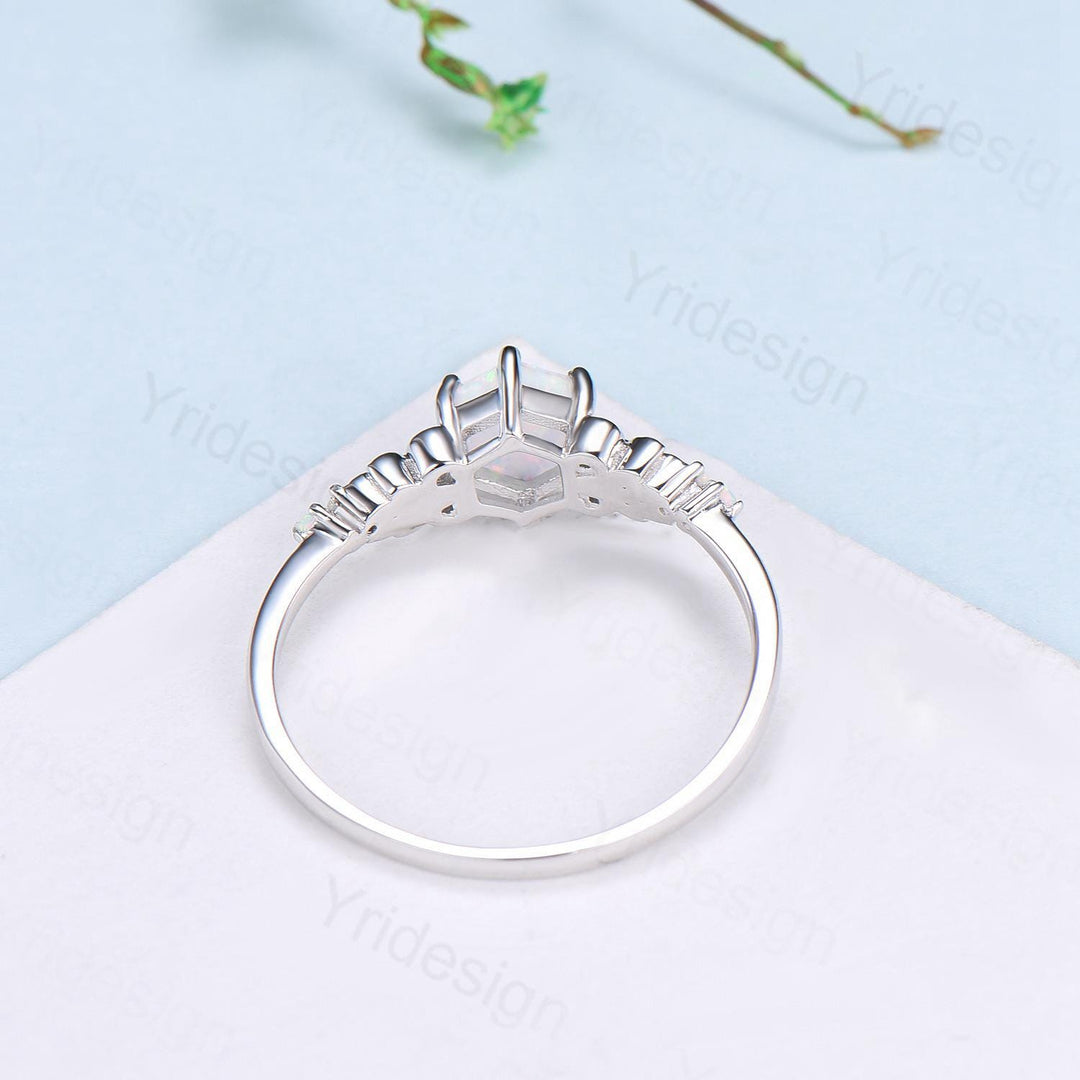 Dainty Fire Opal Ring Natural Inspired Hexagon Cut White Opal Leaf Engagement Ring White Gold Celtic Leaf Vine Bridal Anniversary Ring Women - PENFINE