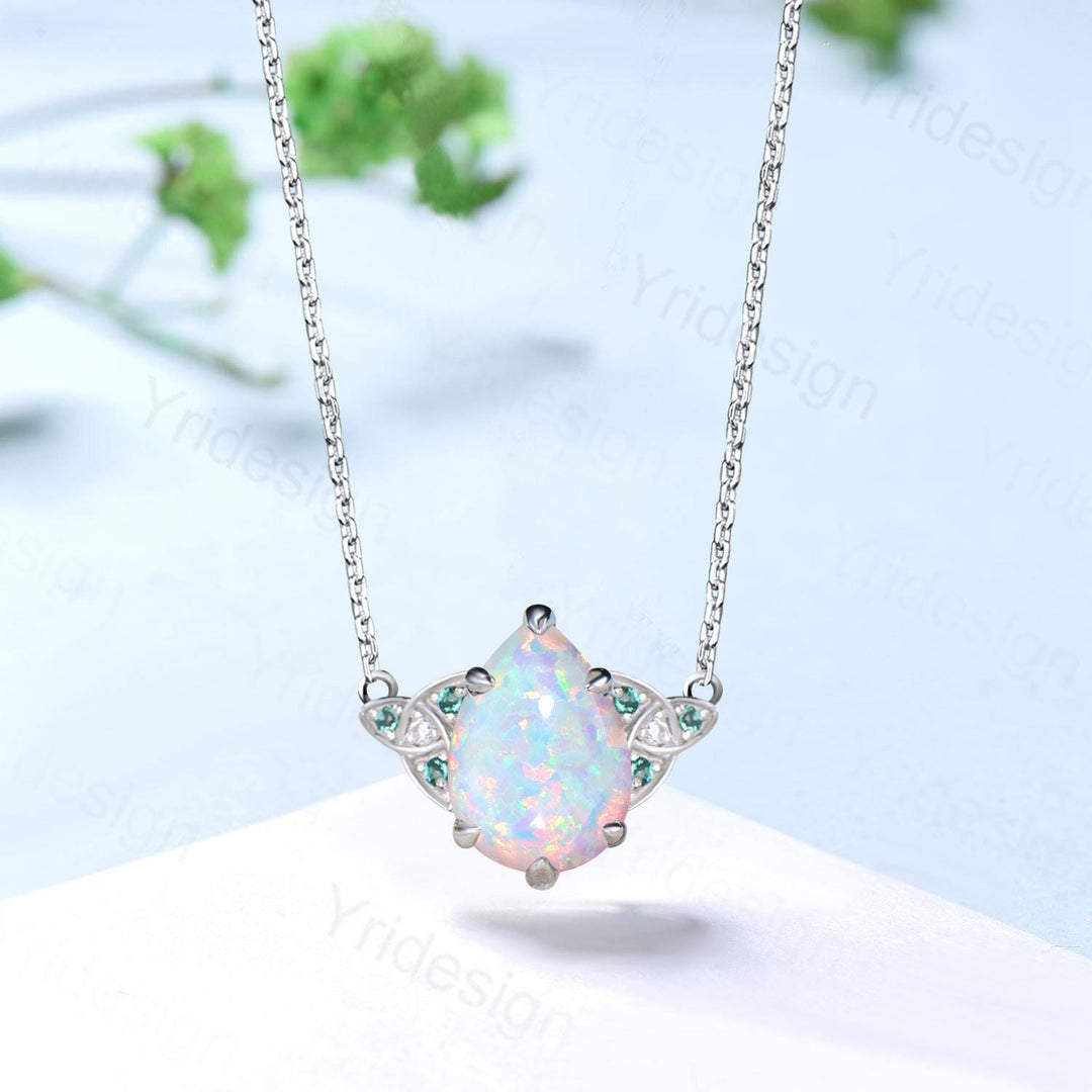 Celtic Love White Opal Pendant Necklace Vintage Unique Fire Opal Necklace Norse Viking Opal Emerald Necklace For Women October Birthday Gift - PENFINE