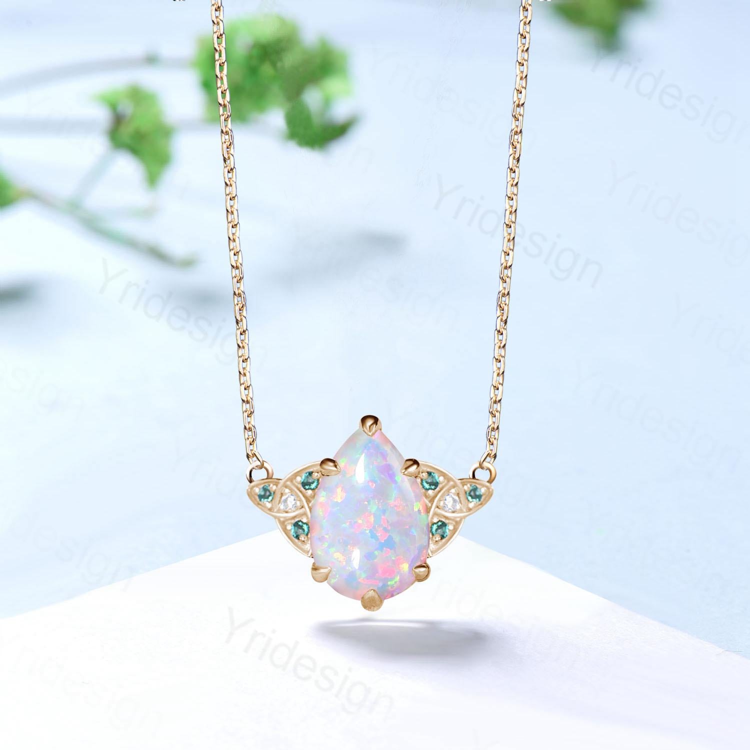 Celtic Love White Opal Pendant Necklace Vintage Unique Fire Opal Necklace Norse Viking Opal Emerald Necklace For Women October Birthday Gift - PENFINE