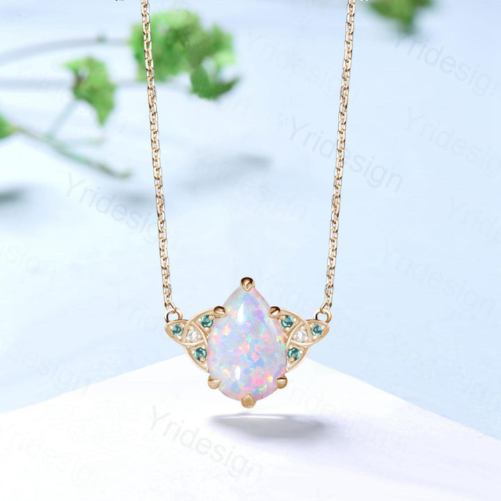 Celtic Love White Opal Pendant Necklace Vintage Unique Fire Opal Necklace Norse Viking Opal Emerald Necklace For Women October Birthday Gift - PENFINE
