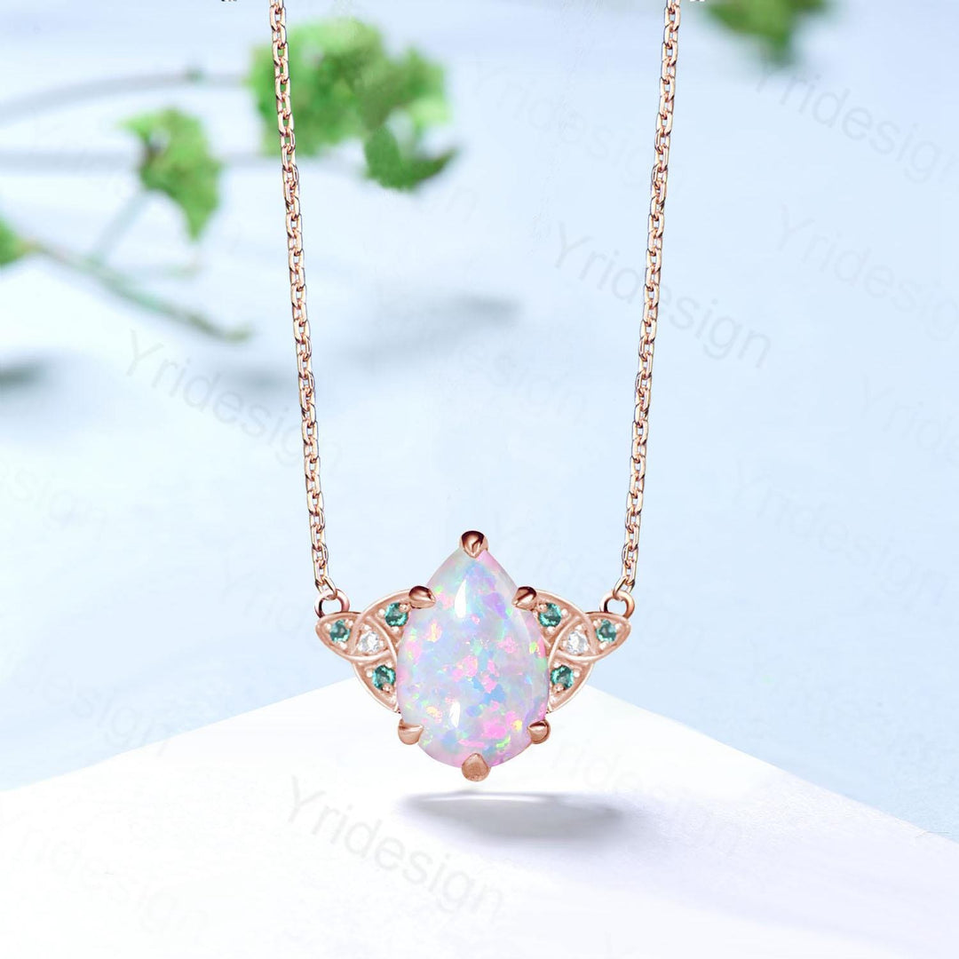 Celtic Love White Opal Pendant Necklace Vintage Unique Fire Opal Necklace Norse Viking Opal Emerald Necklace For Women October Birthday Gift - PENFINE