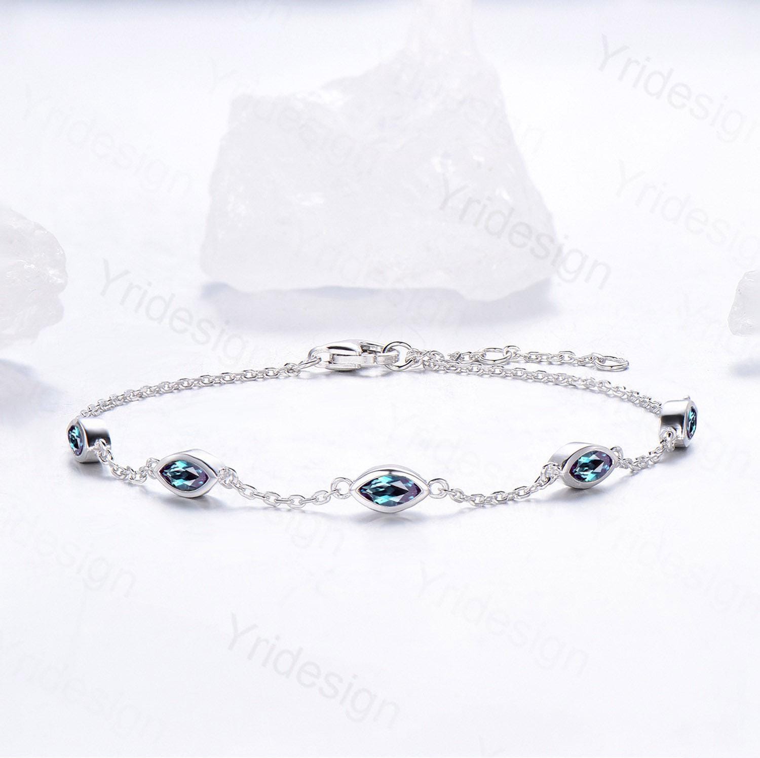 Dainty marquise cut alexandrite bracelet bezel set color change bracelet minimalist elegant stackable bracelet handmade anniversary gift - PENFINE