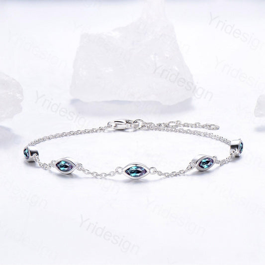 Dainty marquise cut alexandrite bracelet bezel set color change bracelet minimalist elegant stackable bracelet handmade anniversary gift - PENFINE