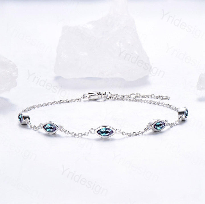 Dainty marquise cut alexandrite bracelet bezel set color change bracelet minimalist elegant stackable bracelet handmade anniversary gift - PENFINE