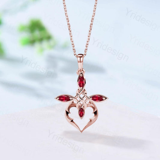 Unique Cross lab red ruby necklace Silver white gold minimalist Personalized marquise ruby pendant women Celtic knot Jewelry Necklace gift - PENFINE