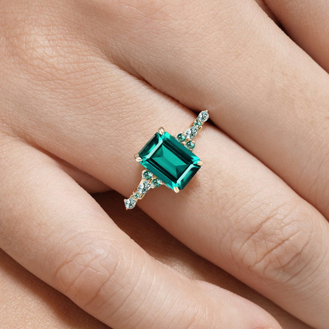 Vintage Emerald Cut Emerald Engagement Ring Unique Marquise Moss Agate Wedding Ring Women Gold Green Gemstone Promise Anniversary Ring Gift - PENFINE