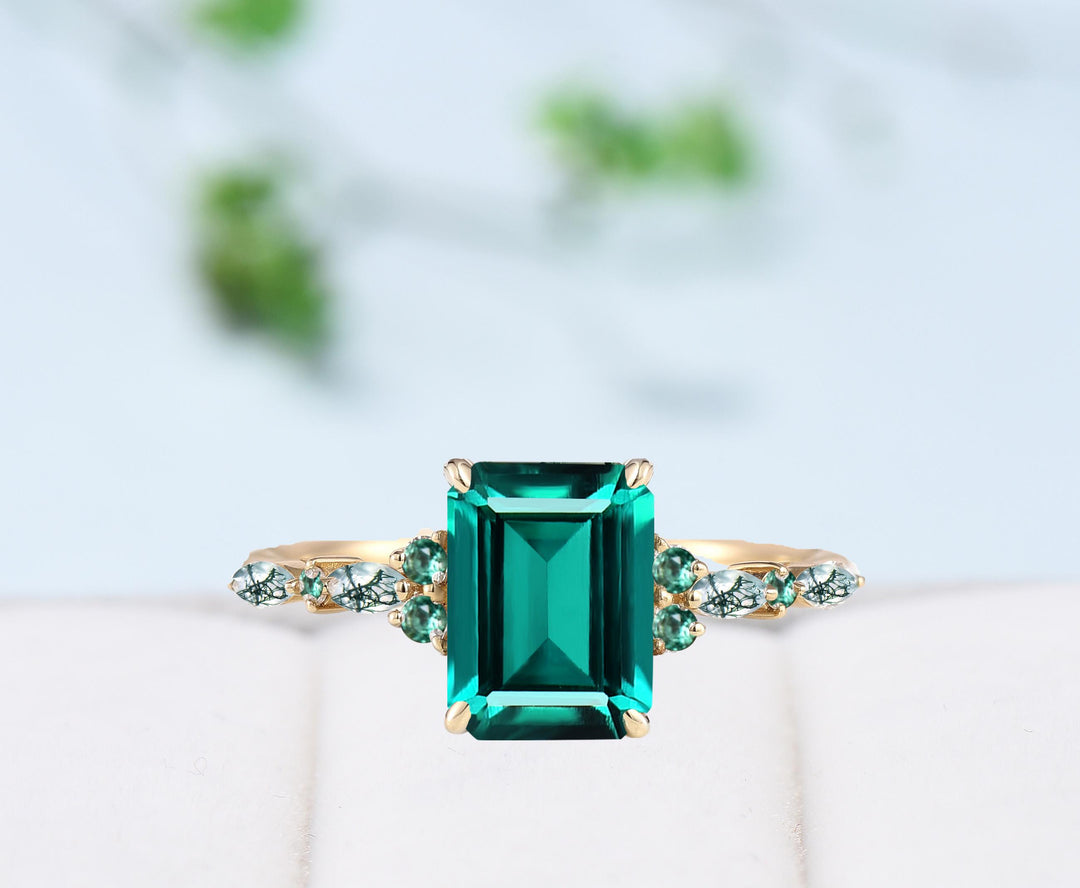 Vintage Emerald Cut Emerald Engagement Ring Unique Marquise Moss Agate Wedding Ring Women Gold Green Gemstone Promise Anniversary Ring Gift - PENFINE