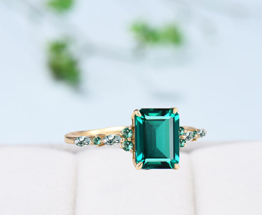 Vintage Emerald Cut Emerald Engagement Ring Unique Marquise Moss Agate Wedding Ring Women Gold Green Gemstone Promise Anniversary Ring Gift - PENFINE