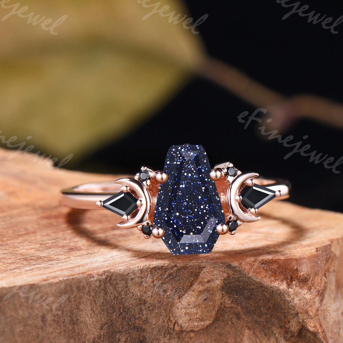 Coffin Blue Sandstone Ring, Kite Black Spinel, Rose Gold Wedding Band - PENFINE