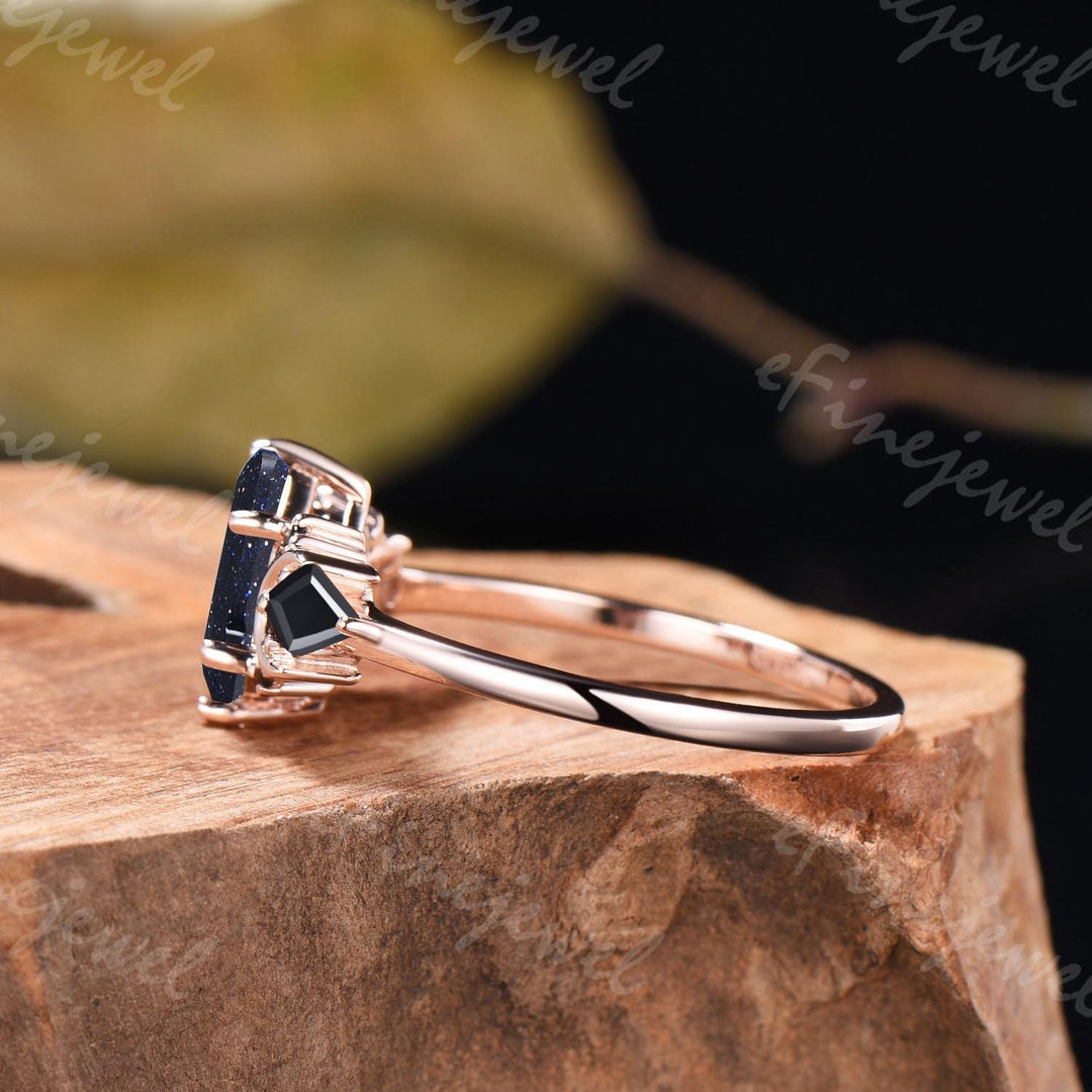 Coffin Blue Sandstone Ring, Kite Black Spinel, Rose Gold Wedding Band - PENFINE