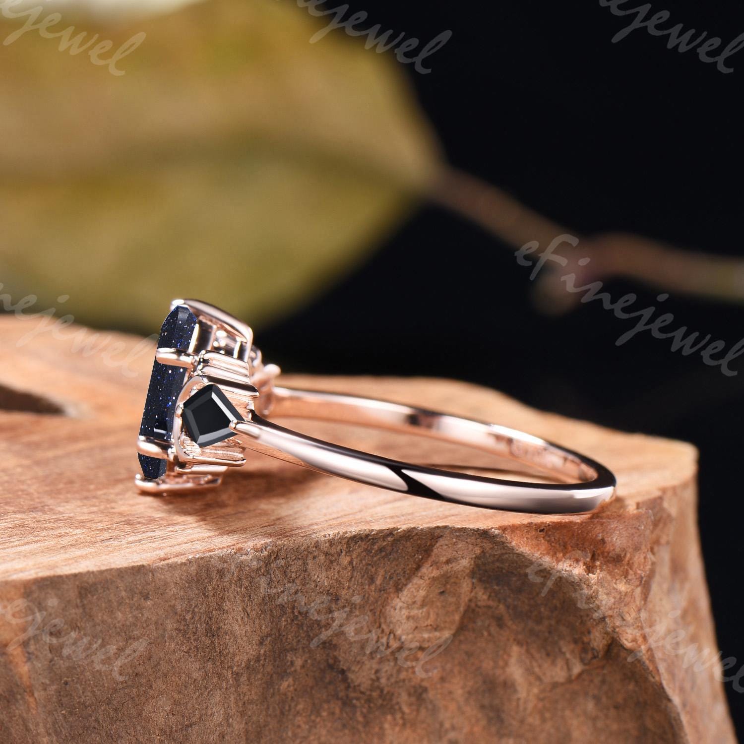 Coffin Blue Sandstone Ring, Kite Black Spinel, Rose Gold Wedding Band - PENFINE