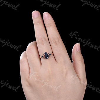 Coffin Blue Sandstone Ring, Kite Black Spinel, Rose Gold Wedding Band - PENFINE
