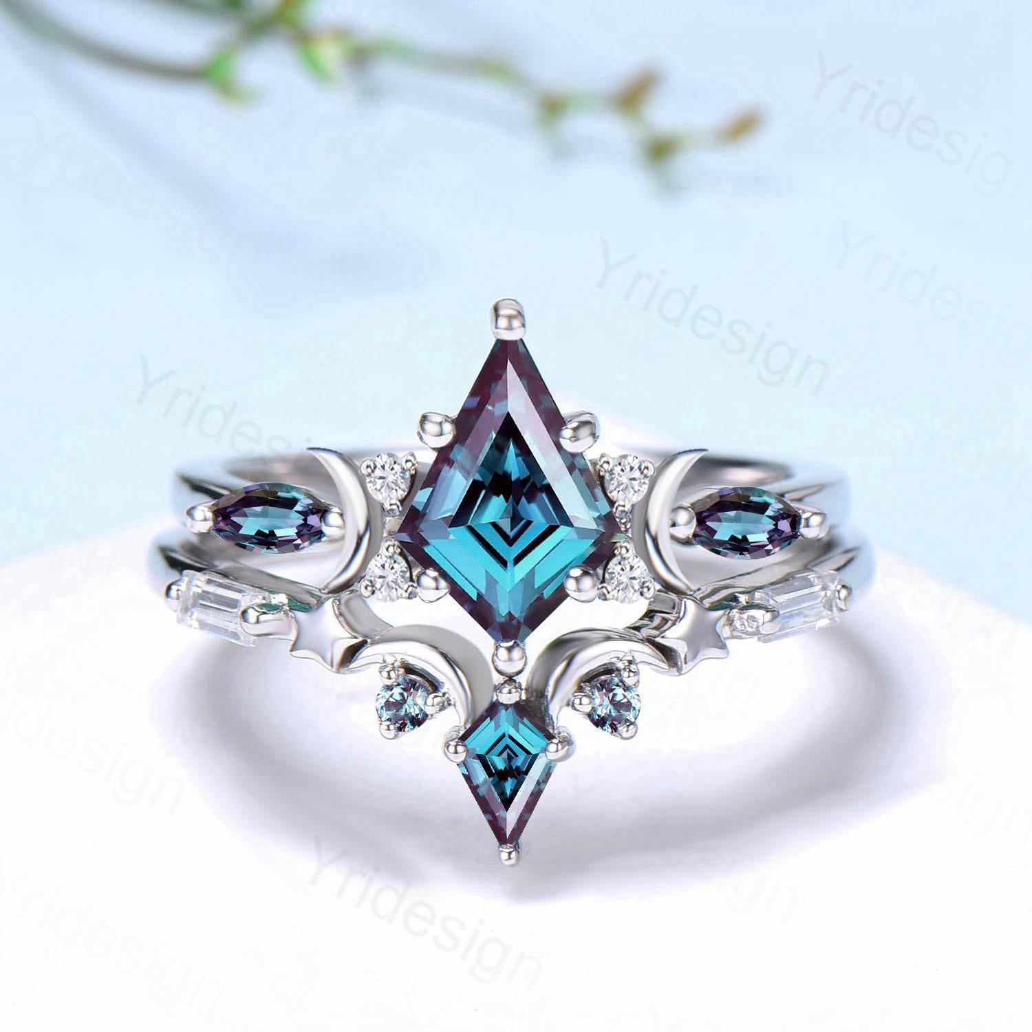 Crescent Moon kite cut alexandrite engagement ring set silver white gold art deco marquise color change birthstone ring 2pcs star bridal set - PENFINE