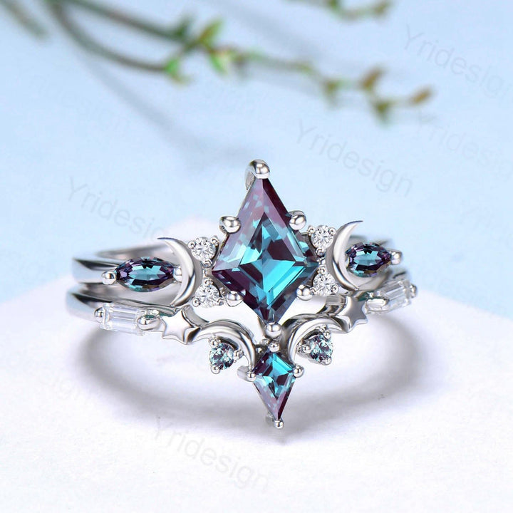 Crescent Moon kite cut alexandrite engagement ring set silver white gold art deco marquise color change birthstone ring 2pcs star bridal set - PENFINE