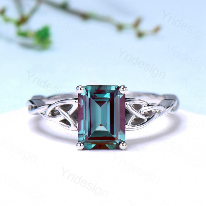 Unique Emerald Cut Alexandrite Ring Celtic Love Knot Alexandrite Engagement Ring Silver White gold Norse Viking Color Changing Wedding Gift - PENFINE