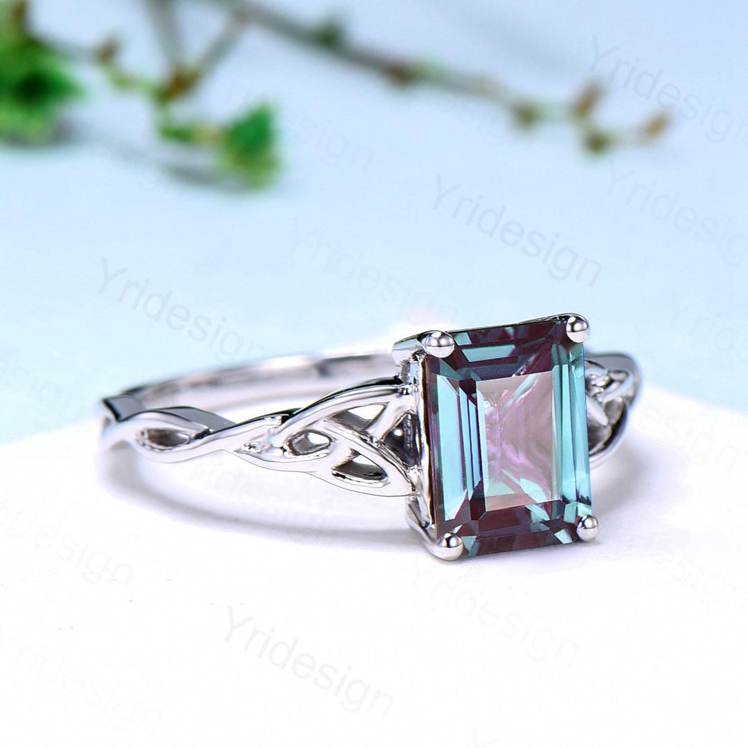 Unique Emerald Cut Alexandrite Ring Celtic Love Knot Alexandrite Engagement Ring Silver White gold Norse Viking Color Changing Wedding Gift - PENFINE