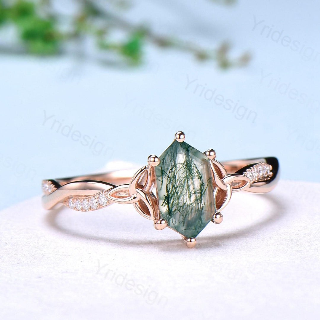 Rose Gold Norse Viking long hexagon moss agate engagement ring 3/4 eternity twisted infinity moissanite/diamond band wedding ring for women - PENFINE