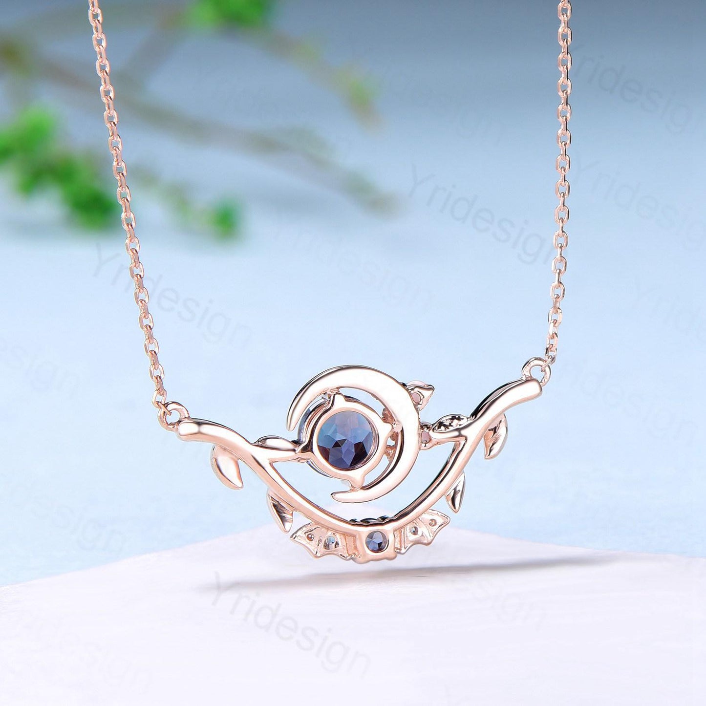 Unique Gothic Pendant Necklace Night Moon Bat Alexandrite Necklace Magic Crescent Moon Leaf Branch Necklace Halloween Anniversary gift Women - PENFINE