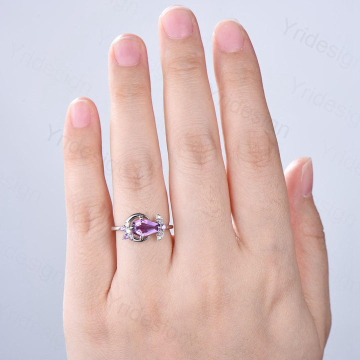 Unique Coffin Shape Amethyst Ring Marquise Purple Crystal Shield Shape Gothic Engagement Ring Vintage Handmade Bat Proposal Gifts for Women - PENFINE