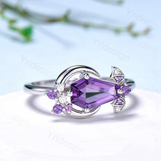 Unique Coffin Shape Amethyst Ring Marquise Purple Crystal Shield Shape Gothic Engagement Ring Vintage Handmade Bat Proposal Gifts for Women - PENFINE