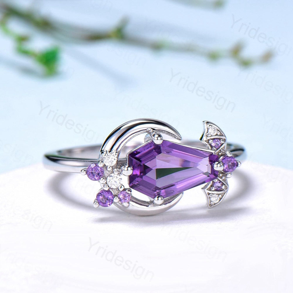 Unique Coffin Shape Amethyst Ring Marquise Purple Crystal Shield Shape Gothic Engagement Ring Vintage Handmade Bat Proposal Gifts for Women - PENFINE