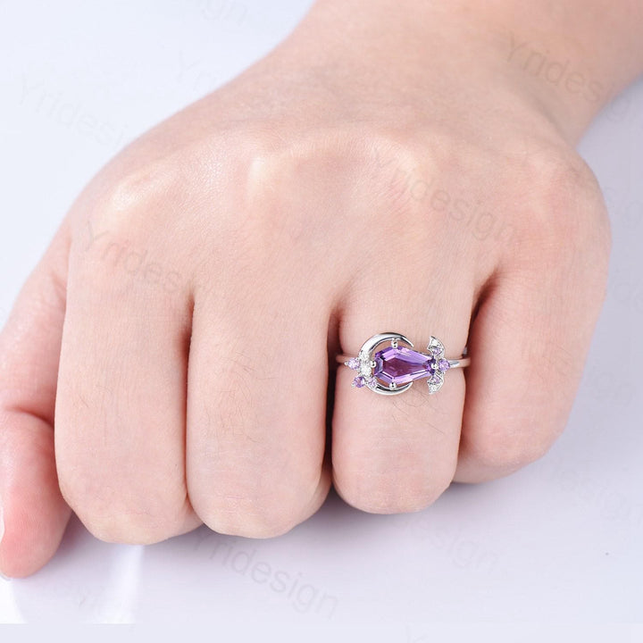 Unique Coffin Shape Amethyst Ring Marquise Purple Crystal Shield Shape Gothic Engagement Ring Vintage Handmade Bat Proposal Gifts for Women - PENFINE