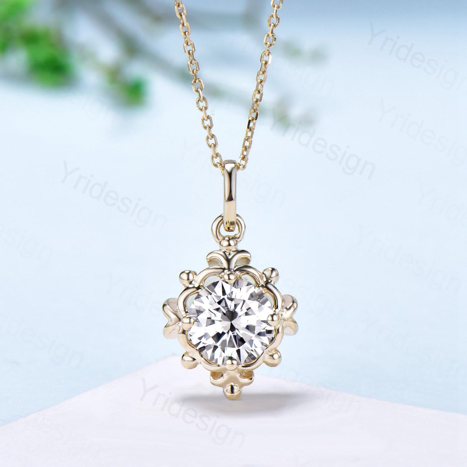 Unique Moissanite Pendant Necklace Magic Crescent Moon Round Lab Grown Diamond Necklace Floral Retro Vintage Pendant Anniversary gift women - PENFINE