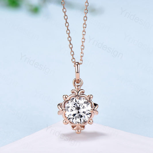 Unique Moissanite Pendant Necklace Magic Crescent Moon Round Lab Grown Diamond Necklace Floral Retro Vintage Pendant Anniversary gift women - PENFINE