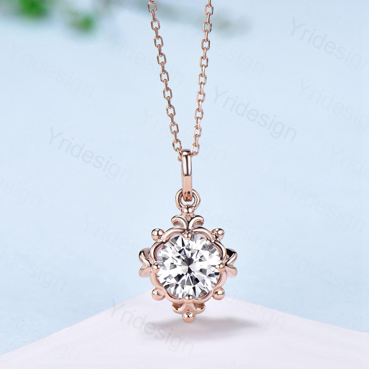 Unique Moissanite Pendant Necklace Magic Crescent Moon Round Lab Grown Diamond Necklace Floral Retro Vintage Pendant Anniversary gift women - PENFINE