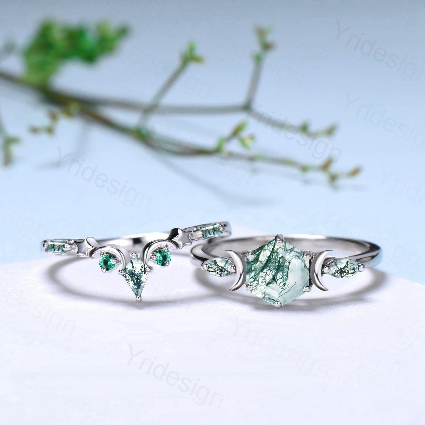 Three Stone Moon Star Moss Agate Ring Set Elegant Hexagon Green Agate Engagement Ring Unique Green Gemstone Wedding Ring Set 2pcs Bridal Set - PENFINE