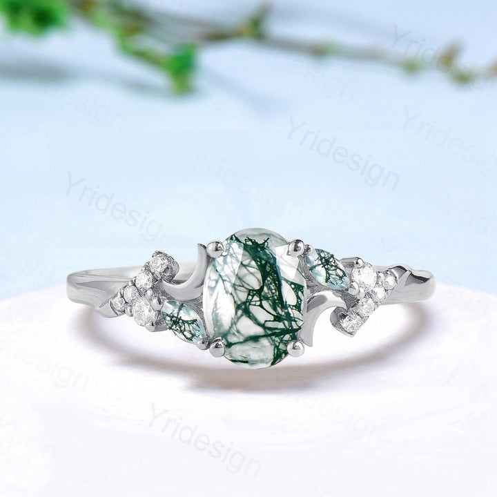 Unique oval cut moon ring, natural green moss agate engagement ring, cluster moissanite wedding ring, perfect moon anniversary promise gift - PENFINE