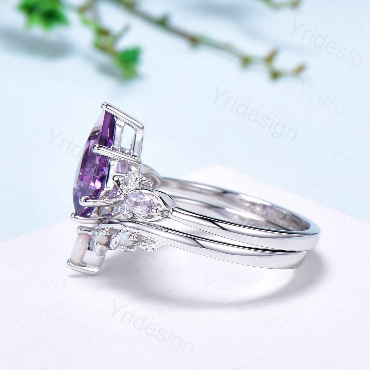 1.5CT Kite Cut Amethyst Ring Set/Engagement Ring Set Women/Marquise Lavender Amethyst Wedding Set/ Opal Leaf Stacking Band/Birthstone Ring - PENFINE