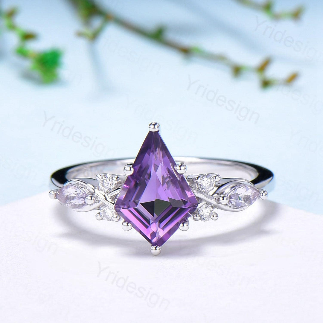 1.5CT Kite Cut Amethyst Ring Set/Engagement Ring Set Women/Marquise Lavender Amethyst Wedding Set/ Opal Leaf Stacking Band/Birthstone Ring - PENFINE