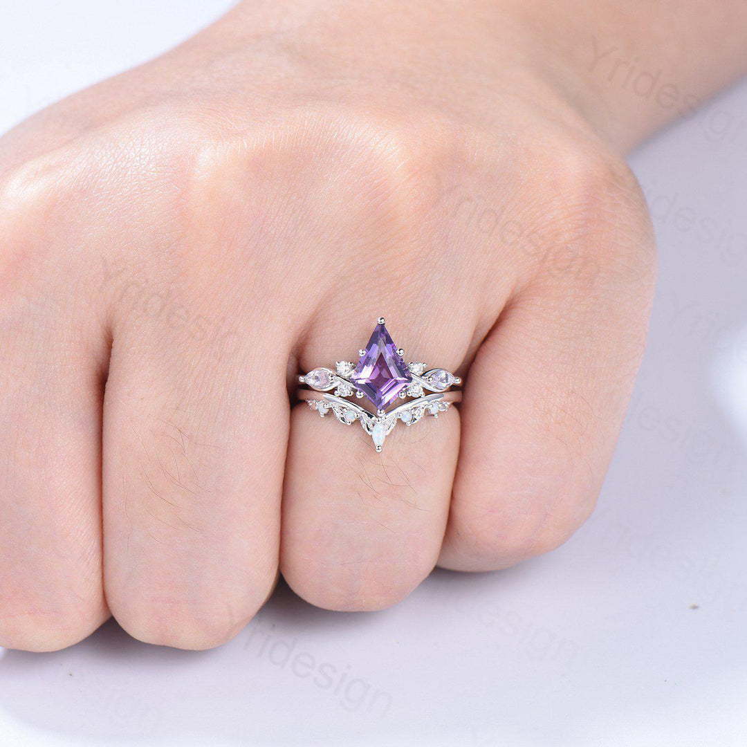 1.5CT Kite Cut Amethyst Ring Set/Engagement Ring Set Women/Marquise Lavender Amethyst Wedding Set/ Opal Leaf Stacking Band/Birthstone Ring - PENFINE