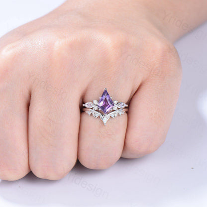 1.5CT Kite Cut Amethyst Ring Set/Engagement Ring Set Women/Marquise Lavender Amethyst Wedding Set/ Opal Leaf Stacking Band/Birthstone Ring - PENFINE