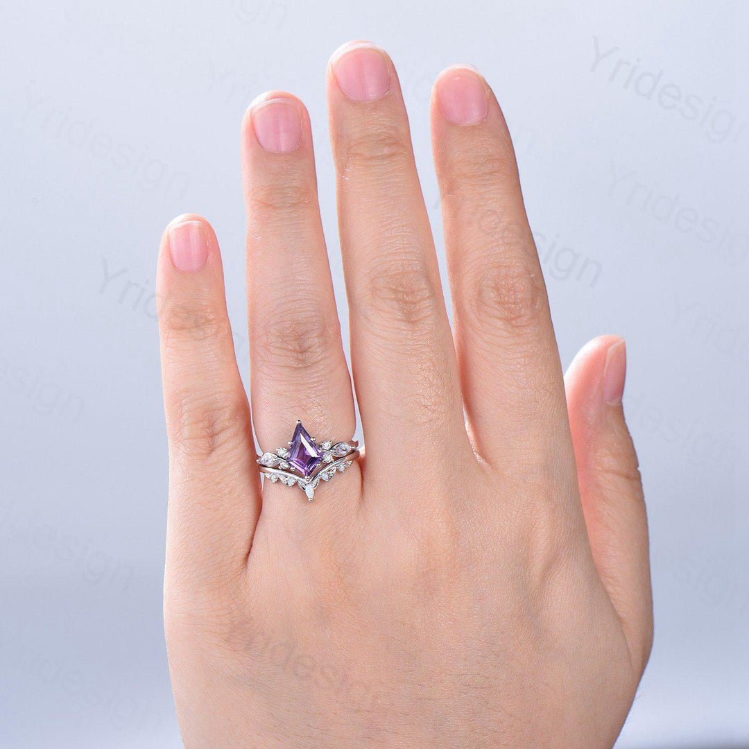 1.5CT Kite Cut Amethyst Ring Set/Engagement Ring Set Women/Marquise Lavender Amethyst Wedding Set/ Opal Leaf Stacking Band/Birthstone Ring - PENFINE