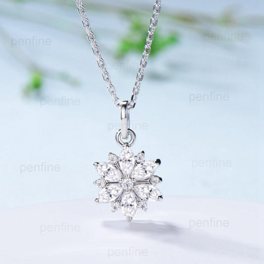 Vintage Snowflake Moissanite Pendant Necklace Unique Marquise CVD Diamond Necklace Floral Floral Pendant Sunflower Christmas gift for her - PENFINE