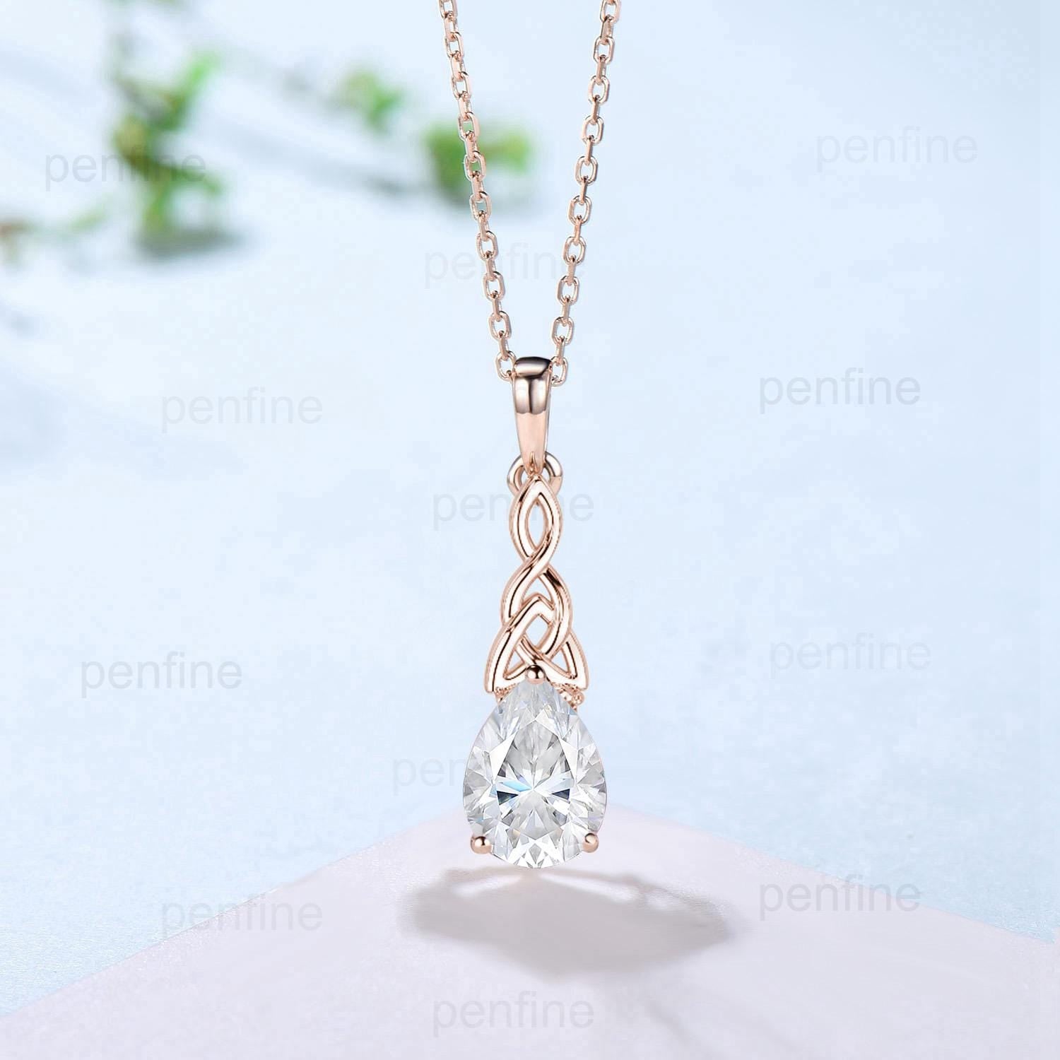 Vintage Celtic Knot Moissanite Pendant Necklace Women Unique CVD Lab Grown Diamond Necklace Promise Gift Dainty Pear Shaped Pendant for Wife - PENFINE