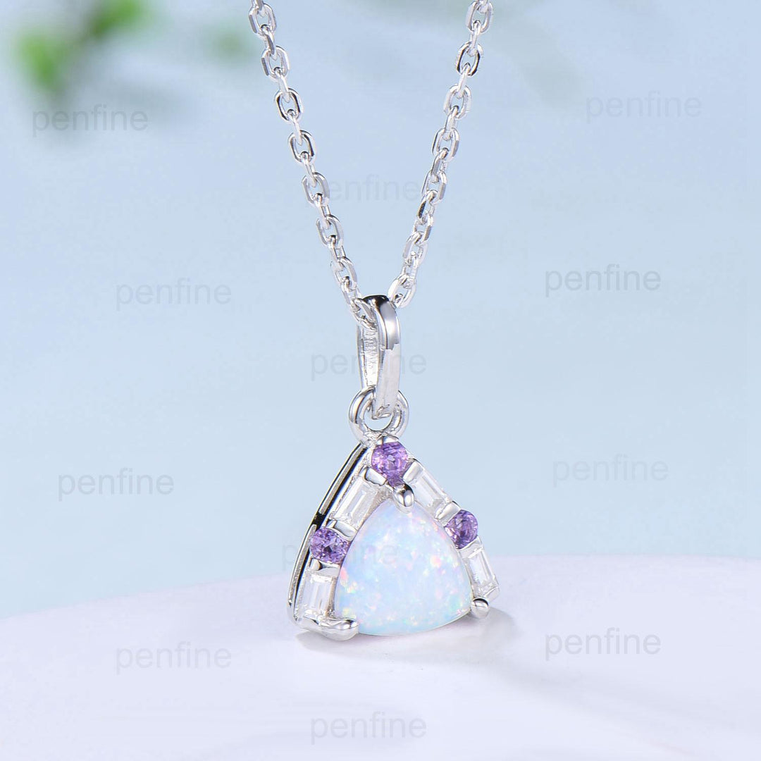 Trilliant Opal Amethyst pendant necklace vintage baguette moissanite pendant silver white  gold fire opal necklace Engagement Gift For Women - PENFINE